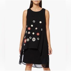 New 🌺 Desigual Black Dress with Floral Accents layers sleeveless fringes M-L